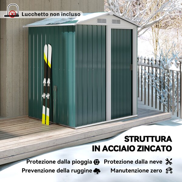 Outsunny Casetta da Giardino Porta Attrezzi in Acciaio con Tetto Inclinato e 4 Prese d'Aria, 152x132x188 cm, Verde | Aosom Italy