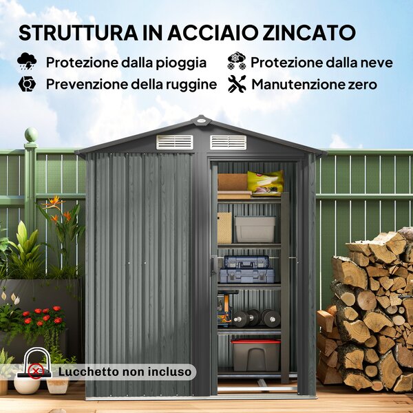 Outsunny Casetta da Giardino Porta Attrezzi in Acciaio con Tetto Inclinato e 4 Prese d'Aria, 152x132x188 cm, Grigio | Aosom Italy