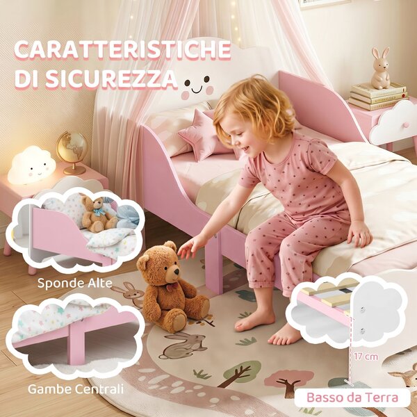 AIYAPLAY Letto Montessori per Bambini 3-6 Anni in Legno con Bordi Rialzati e Stampe Carine, per Cameretta, Rosa | Aosom Italy