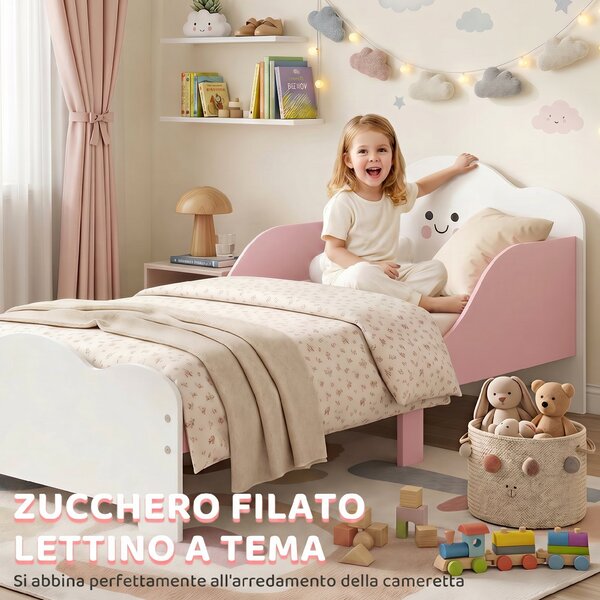 AIYAPLAY Letto Montessori per Bambini 3-6 Anni in Legno con Bordi Rialzati e Stampe Carine, per Cameretta, Rosa | Aosom Italy