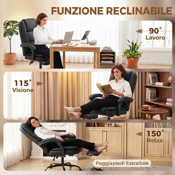 HOMCOM Sedia Ufficio Ergonomica Reclinabile Girevole in Pelle PU con Poggiapiedi, Altezza Regolabile, Nero | Aosom Italy