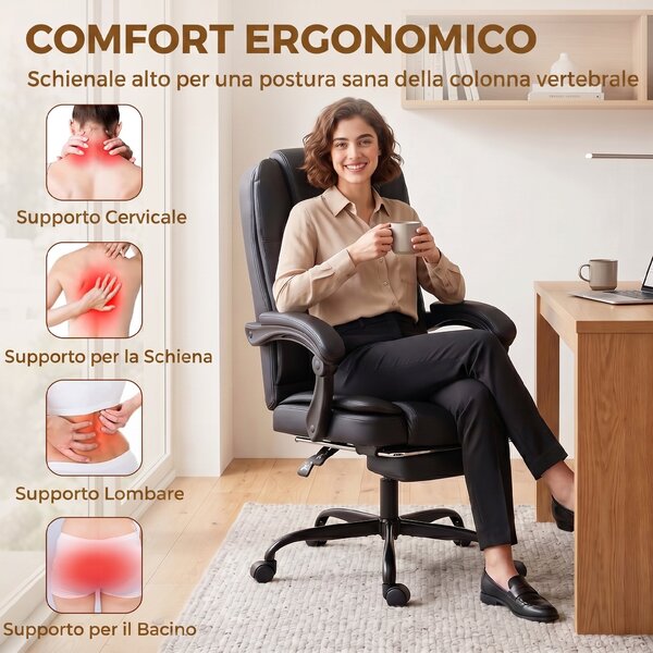 HOMCOM Sedia Ufficio Ergonomica Reclinabile Girevole in Pelle PU con Poggiapiedi, Altezza Regolabile, Nero | Aosom Italy