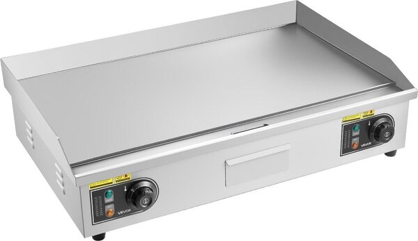 Piastra elettrica commerciale, 725 x 400 mm, 4400 W, controllo della temperatura regolabile da 50 a 300 °C, piano di lavoro in acciaio inossidabile, griglia completamente piatta con 2 spatole e 2 spazzole, per bistecche e pancake (SENZA SPINA)