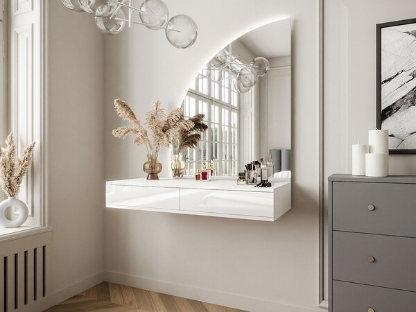 Toeletta sospesa con specchio con LED 2 cassetti Bianco lucido JINEZA