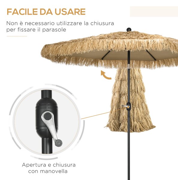 Outsunny Ombrellone da Giardino Rotondo con Copertura in Paglia e Manovella, Ø265x250cm, Cachi|Aosom