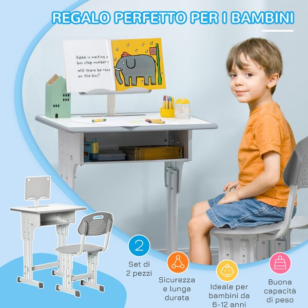 HOMCOM Banco Scuola con Sedia ad Altezza Regolabile per Bambini 6-12 Anni, Acciaio e MDF, Grigio|Aosom