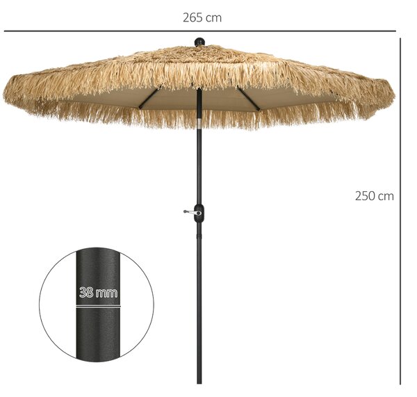 Outsunny Ombrellone da Giardino Rotondo con Copertura in Paglia e Manovella, Ø265x250cm, Cachi|Aosom