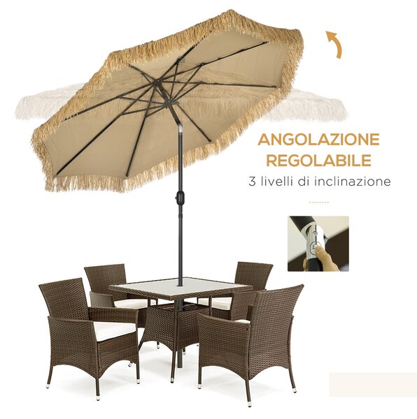 Outsunny Ombrellone da Giardino Rotondo con Copertura in Paglia e Manovella, Ø265x250cm, Cachi|Aosom