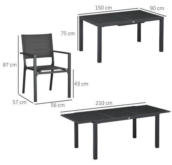 Outsunny Set da Giardino con Tavolo Allungabile in Vetro e 6 Sedie, schienale alto e Seduta Traspirante, Grigio Scuro | Aosom Italy