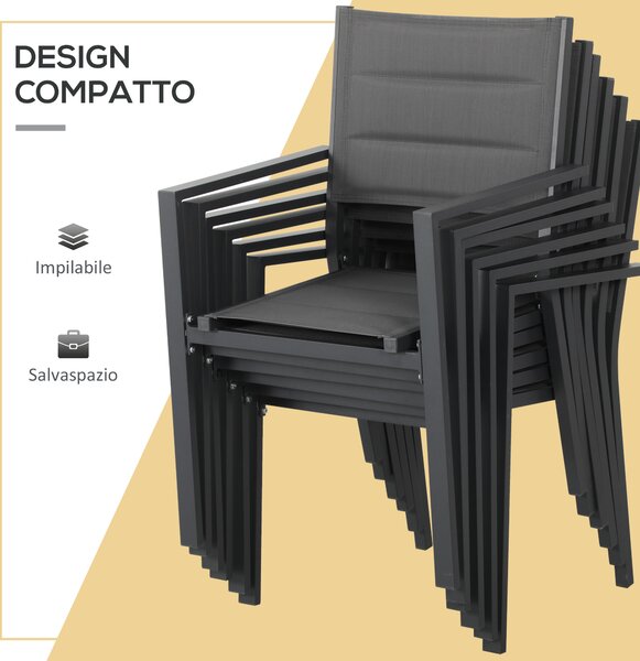 Outsunny Set da Giardino con Tavolo Allungabile in Vetro e 6 Sedie, schienale alto e Seduta Traspirante, Grigio Scuro | Aosom Italy