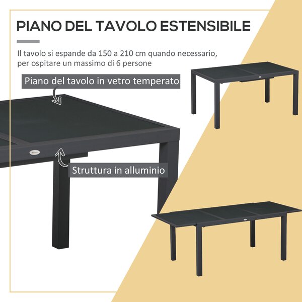 Outsunny Set da Giardino con Tavolo Allungabile in Vetro e 6 Sedie, schienale alto e Seduta Traspirante, Grigio Scuro | Aosom Italy