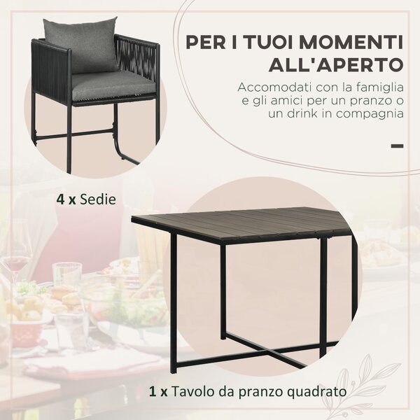 Outsunny Tavolo e Sedie da Giardino 5 Pezzi in Rattan PE e Acciaio, 4 Sedie da Esterno con Cuscini e Tavolo Rettangolare|Aosom