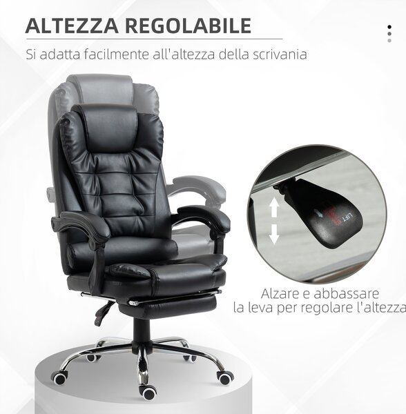 HOMCOM Sedia da Ufficio ad Altezza Regolabile con Schienale Reclinabile e Poggiapiedi, 64.5x69x117-127 cm, Nero|Aosom