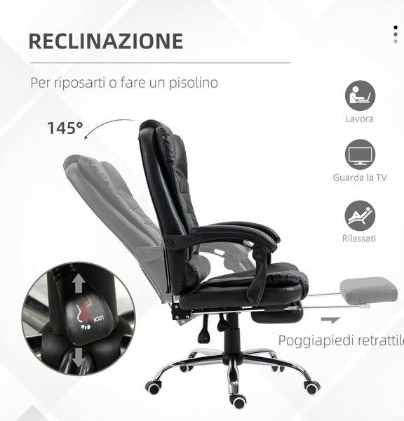 HOMCOM Sedia da Ufficio ad Altezza Regolabile con Schienale Reclinabile e Poggiapiedi, 64.5x69x117-127 cm, Nero|Aosom