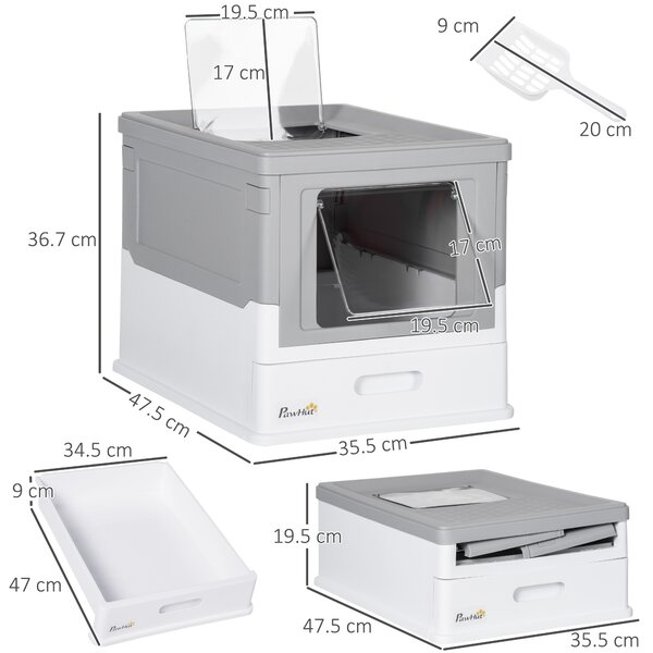 PawHut Lettiera per Gatti Chiusa in PP a 2 Porte con Paletta e Vassoio Estraibile, 47.5x35.5x36.7 cm|Aosom