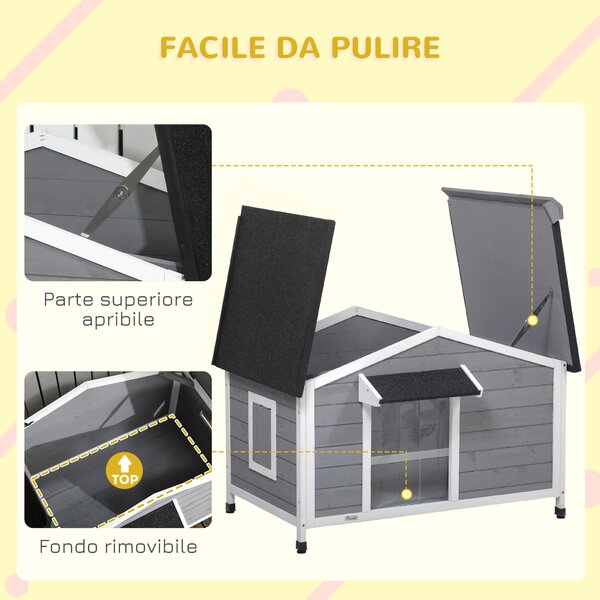 PawHut Casetta Rialzato per Cani fino a 20 kg e 80 cm, Tenda Protettiva e 2 Finestre in legno, 109x79x72 cm, Nero, Grigio, Bianco | Aosom Italy