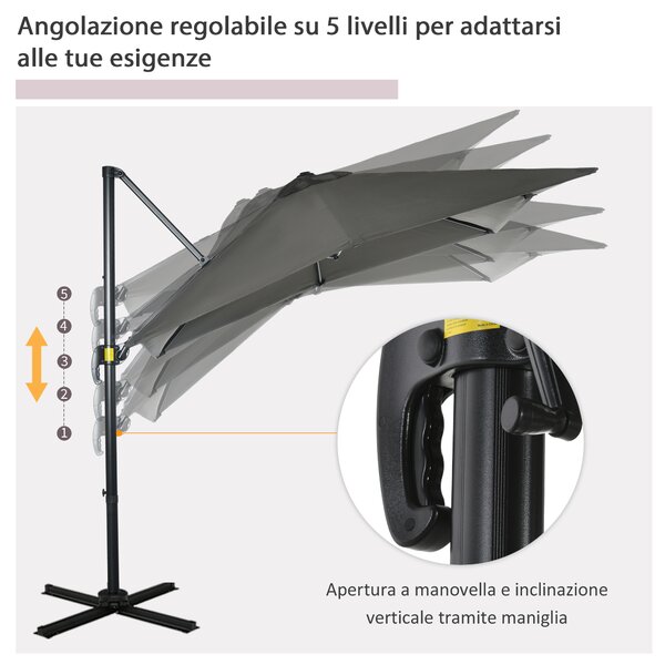 Outsunny Ombrellone da Giardino con Angolazione Regolabile su 5 Livelli e Rotazione a 360°, 2.5x2.5 m, Grigio