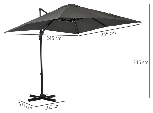 Outsunny Ombrellone da Giardino con Angolazione Regolabile su 5 Livelli e Rotazione a 360°, 2.5x2.5 m, Grigio