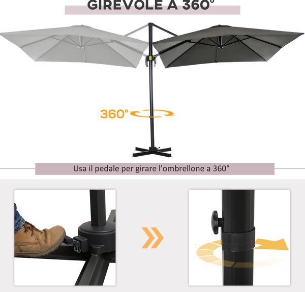 Outsunny Ombrellone da Giardino con Angolazione Regolabile su 5 Livelli e Rotazione a 360°, 2.5x2.5 m, Grigio