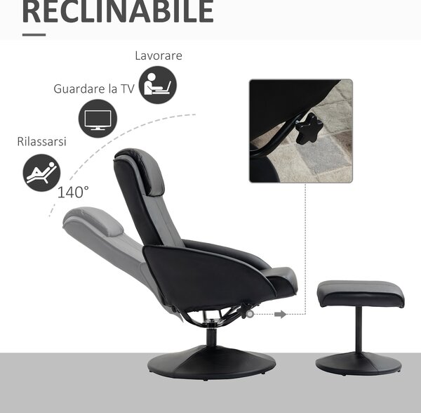 HOMCOM Poltrona Relax Reclinabile con Pouf Poggiapiedi Abbinato e Rivestimento in Similpelle, Nero|Aosom