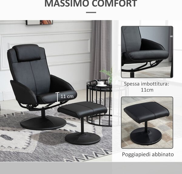 HOMCOM Poltrona Relax Reclinabile con Pouf Poggiapiedi Abbinato e Rivestimento in Similpelle, Nero|Aosom