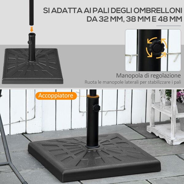 Outsunny Base per Ombrellone di 19kg e 51x51x32 cm in Resina e Acciaio per Pali Ø32mm, Ø38mm e Ø48mm, Nero|Aosom
