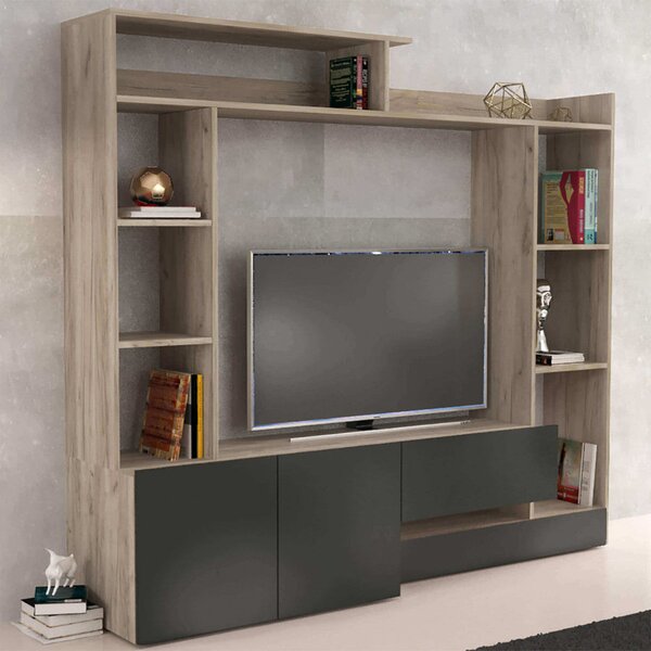 Parete Attrezzata Soggiorno Entry 180x28/40x165 h cm in Truciolare bilaminato Nero