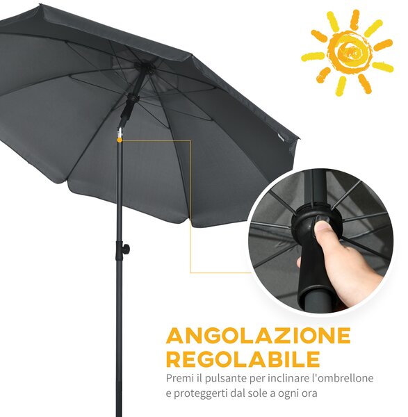 Outsunny Ombrellone da Spiaggia in Poliestere e Acciaio con Tettuccio Reclinabile a 45°, Ø180x209 cm, Grigio|Aosom