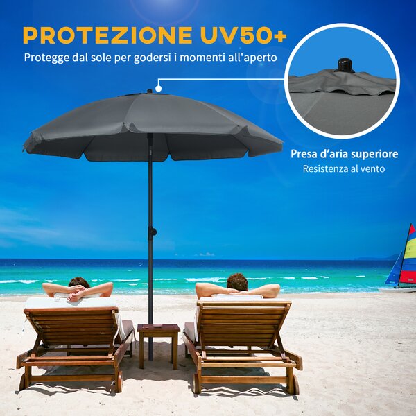 Outsunny Ombrellone da Spiaggia in Poliestere e Acciaio con Tettuccio Reclinabile a 45°, Ø180x209 cm, Grigio|Aosom