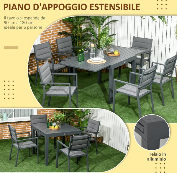 Outsunny Set da 7 pezzi con tavolo Allungabile in Alluminio e 6 sedie, Schienale alto e ampia seduta a rete, Grigio | Aosom Italy