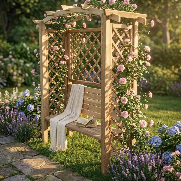 Pergola ad arco con panca da giardino in legno di pino impregnato in autoclavex190h
