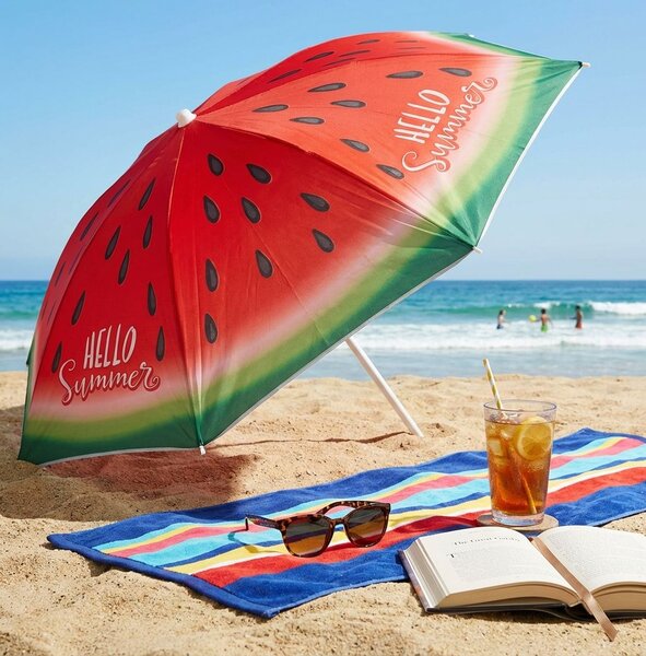 Ombrellone spiaggia poliestere uv 200/32 decoro anguria e fenicottero