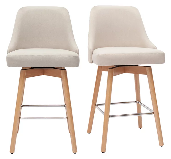 Sgabelli da bar scandinavi in tessuto beige e legno massello di faggio H65 cm (set di 2) HASTA