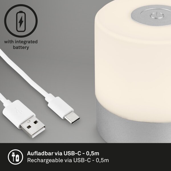 Briloner - Lampada da tavolo per esterni a LED, dimmerabile, ricaricabile, a sfioramento LED/2W/5V 2700K IP44 finitura cromata opaca