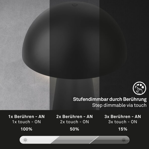 Briloner - Lampada da tavolo LED ricaricabile con dimmer a sfioramento per esterni LED/2,6W/5V 3000K IP44 nera