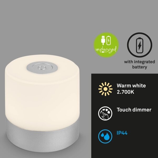 Briloner - Lampada da tavolo per esterni a LED, dimmerabile, ricaricabile, a sfioramento LED/2W/5V 2700K IP44 finitura cromata opaca