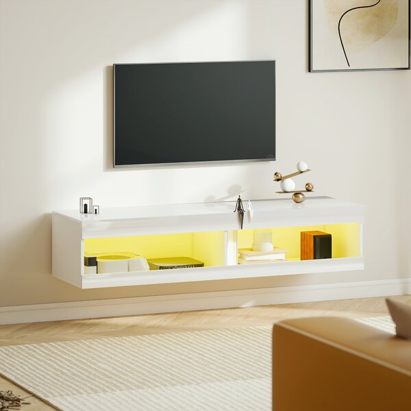 HOMCOM Mobile TV a Muro con Illuminazione LED RGB a 16 Colori, con Scomparti Aperti, per TV da 55-60 Pollici, 140 x 40 x 30 cm, Bianco Lucido | Aosom Italy