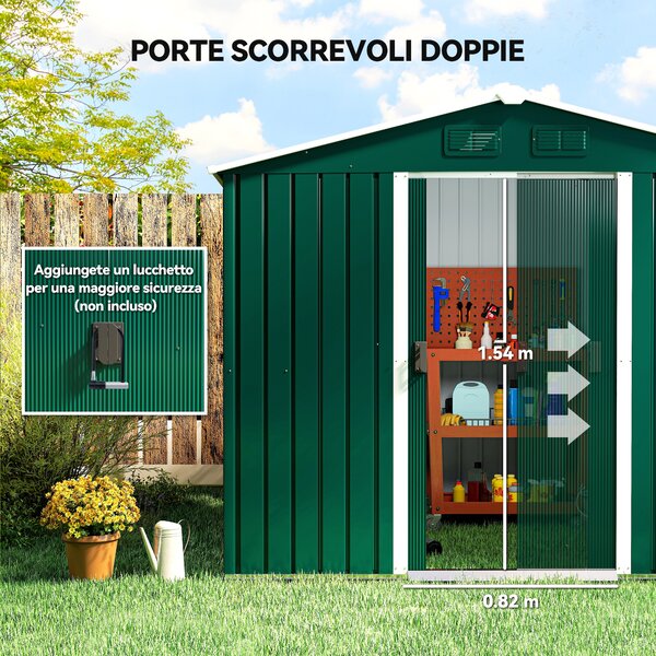 Outsunny Casetta da Giardino 3.6m² in Lamiera di Acciaio con 2 Porte Scorrevoli e 4 Prese d'Aria, 236x174x190 cm, Verde | Aosom Italy