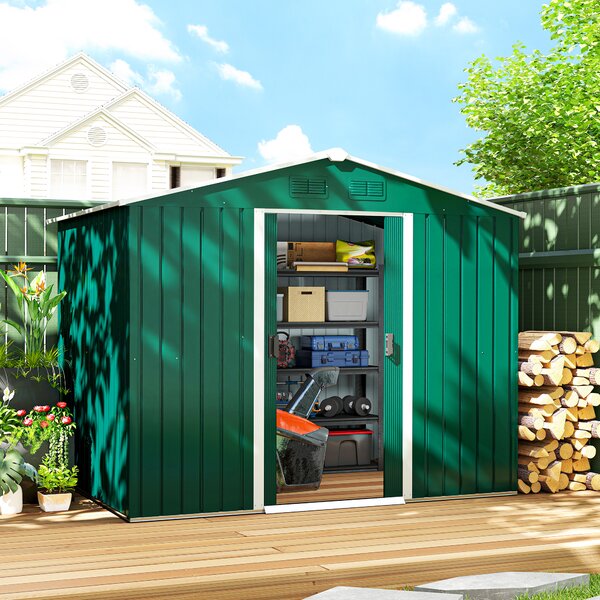 Outsunny Casetta da Giardino 3.6m² in Lamiera di Acciaio con 2 Porte Scorrevoli e 4 Prese d'Aria, 236x174x190 cm, Verde | Aosom Italy