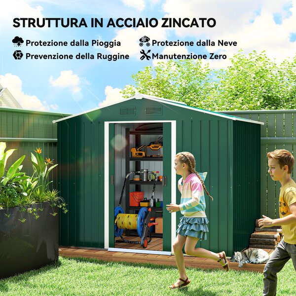 Outsunny Casetta da Giardino 3.6m² in Lamiera di Acciaio con 2 Porte Scorrevoli e 4 Prese d'Aria, 236x174x190 cm, Verde | Aosom Italy