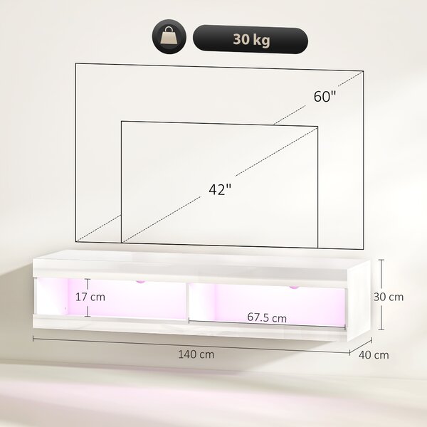 HOMCOM Mobile TV a Muro con Illuminazione LED RGB a 16 Colori, con Scomparti Aperti, per TV da 55-60 Pollici, 140 x 40 x 30 cm, Bianco Lucido | Aosom Italy