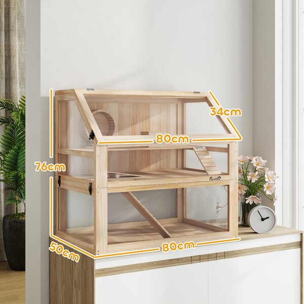 PawHut Gabbia per criceti a 3 livelli con fondo removibile e altalena, altalena, rampe e cuccia, 80x50x76cm, Legno naturale | Aosom Italy
