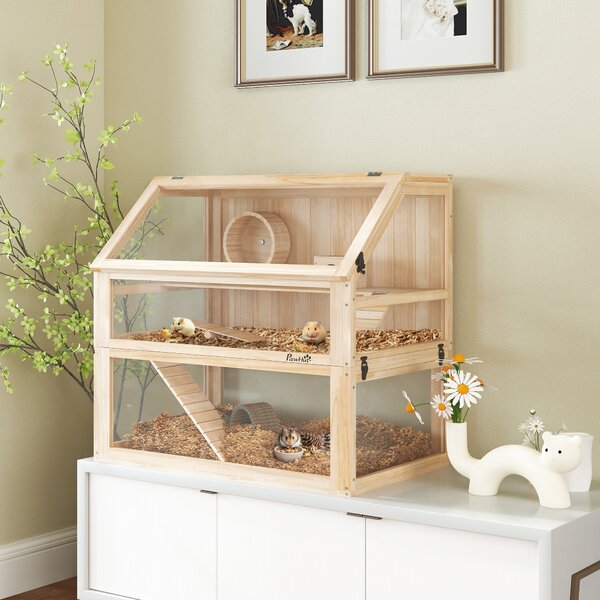 PawHut Gabbia per criceti a 3 livelli con fondo removibile e altalena, altalena, rampe e cuccia, 80x50x76cm, Legno naturale | Aosom Italy