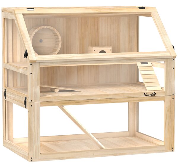 PawHut Gabbia per criceti a 3 livelli con fondo removibile e altalena, altalena, rampe e cuccia, 80x50x76cm, Legno naturale | Aosom Italy