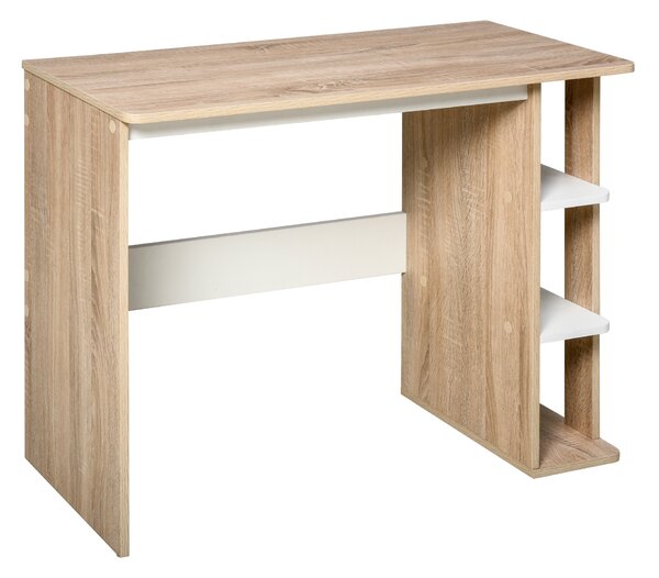 HOMCOM Scrivania Moderna in Legno con Scaffale a 3 Ripiani, 100x44x74cm, Bianco e Quercia|Aosom