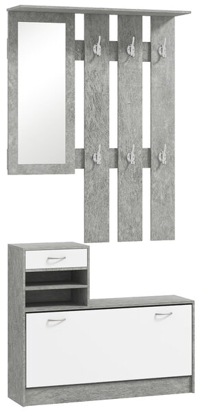 HOMCOM Set Mobile da Ingresso con Appendiabiti a 6 Ganci, Mobile Scarpiera con Cassetto e Specchio, Grigio