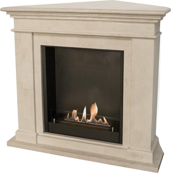 Caminetto a etanolo Xaralyn - Kos-Corner BIU - pietra naturale bianca - riscaldamento a 3 kW - caminetto da incasso incluso - caminetto decorativo - caminetto ad angolo