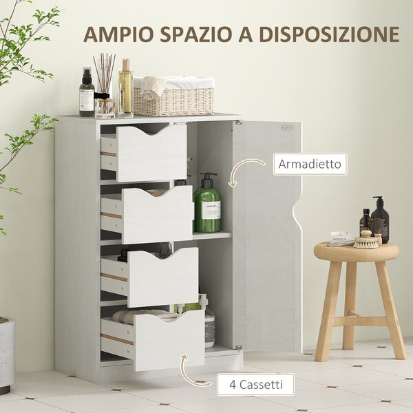 HOMCOM Mobile Bagno con 4 Cassetti, Armadietto a 2 Livelli e Maniglie Ritagliate, in Legno, 54x29x83 cm, Bianco | Aosom Italy