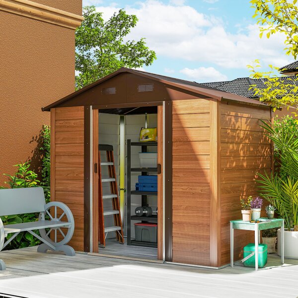Outsunny Casetta da Giardino in Acciaio Effetto Legno con Doppie Porte Scorrevoli, 236x196x208 cm, Marrone | Aosom Italy
