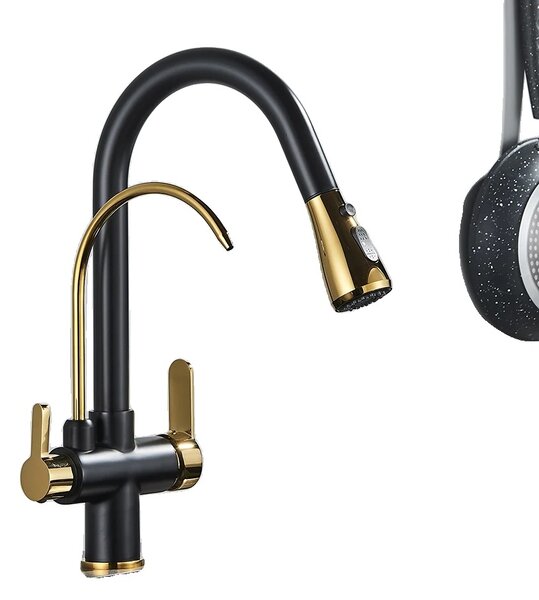 Rubinetto da cucina in oro nero, ugello estraibile, funzione per acqua calda e fredda, materiale in ottone resistente , Oro nero